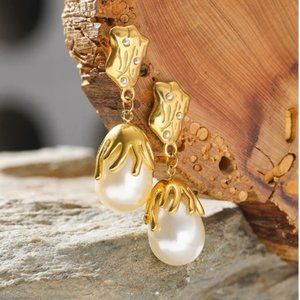 New!! Imitation Pearls Geometric Stainless Steel Gold Dangle Earrings